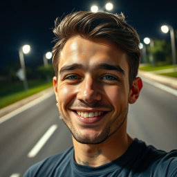 A realistic selfie of a 22-year-old man, smiling confidently, with a clear view of his facial features