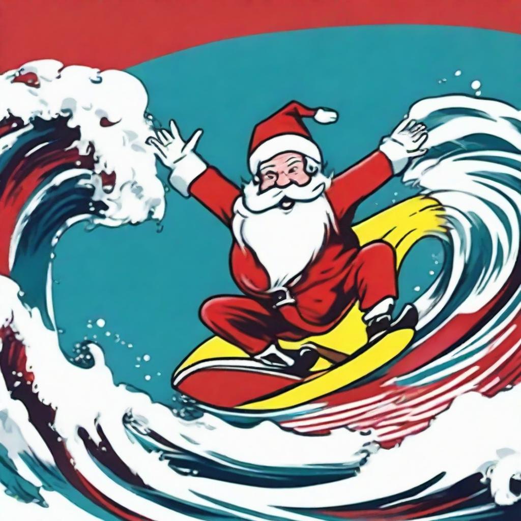 An Andy Warhol-inspired vibrant pop-art depiction of a cartoon Santa Claus gleefully surfing a large wave with his signature red suit and white beard.