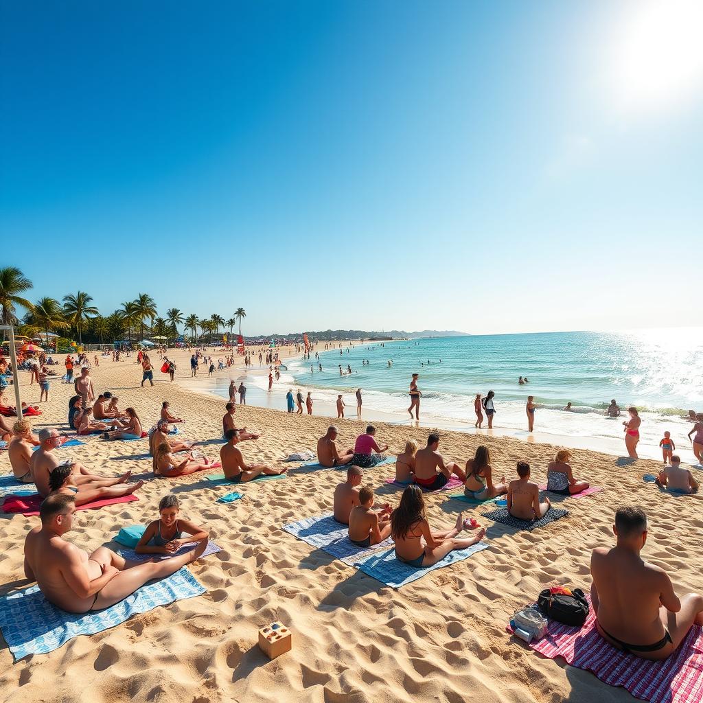 A picturesque scene of people enjoying a sunny day at the beach, with clear blue skies, gentle waves lapping at the shore, and soft golden sand