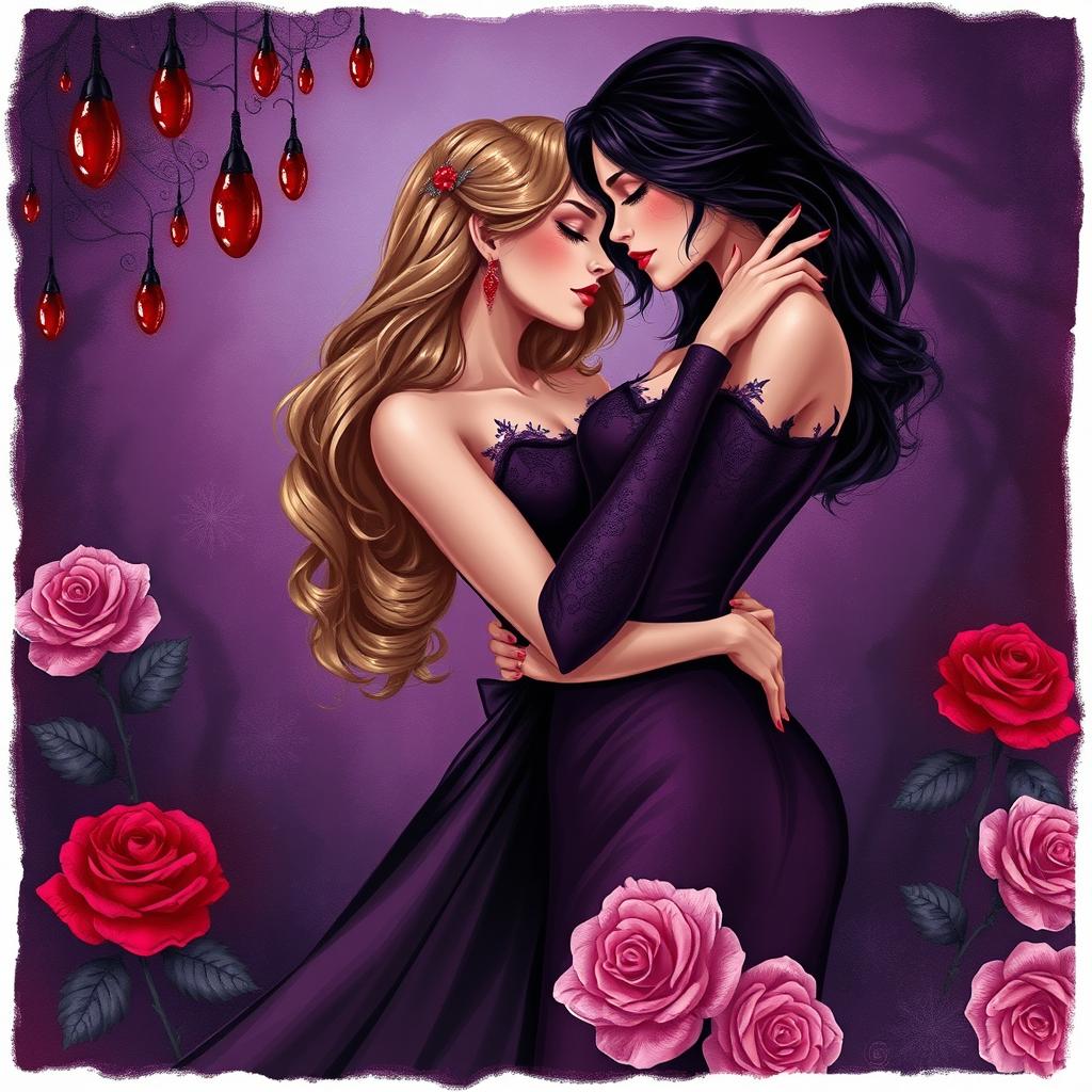 A captivating illustration that depicts a forbidden romance between two women, featuring elegant outfits in deep shades of purple and black