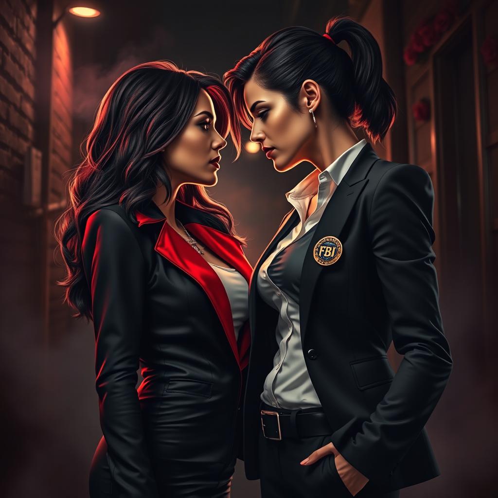 A powerful and intense scene depicting a forbidden romance between two women, one dressed in a stylish mafia outfit with black and red colors, exuding confidence and authority, while the other, an FBI agent, wears a sharp, professional outfit featuring a badge, showcasing a mix of determination and vulnerability