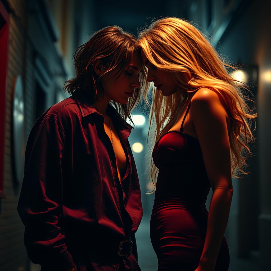 A forbidden romance scene between two women, one wearing loose men's clothing and the other in a tight-fitting dress with flowing blonde hair