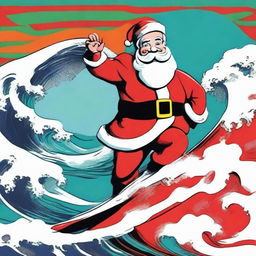 An Andy Warhol-inspired vibrant pop-art depiction of a cartoon Santa Claus gleefully surfing a large wave with his signature red suit and white beard.