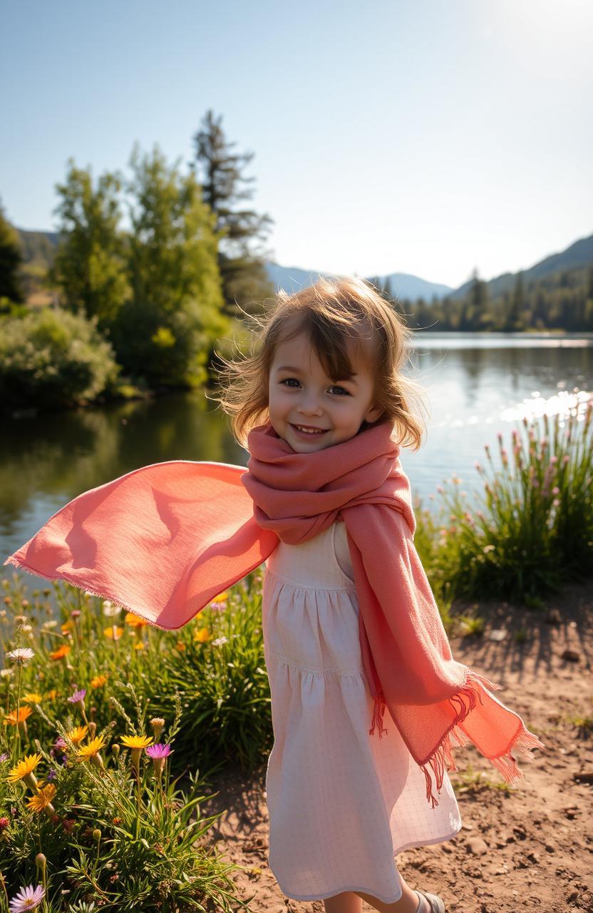 A serene scene of a little girl wandering off at a picturesque lake
