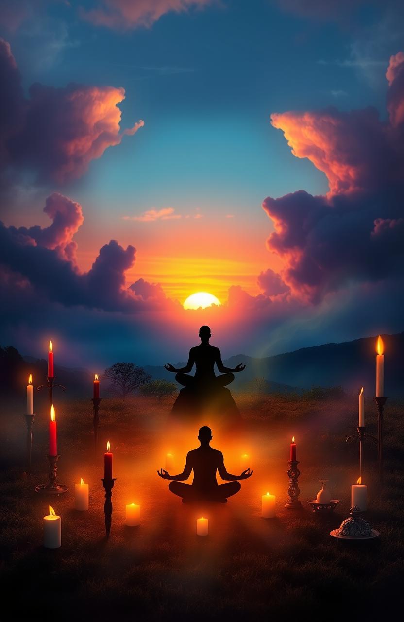 A mystical and ethereal representation of the secrets of Umbanda, featuring a serene landscape with spiritual symbols representing various elements of the faith, such as candles, offerings, and traditional artifacts