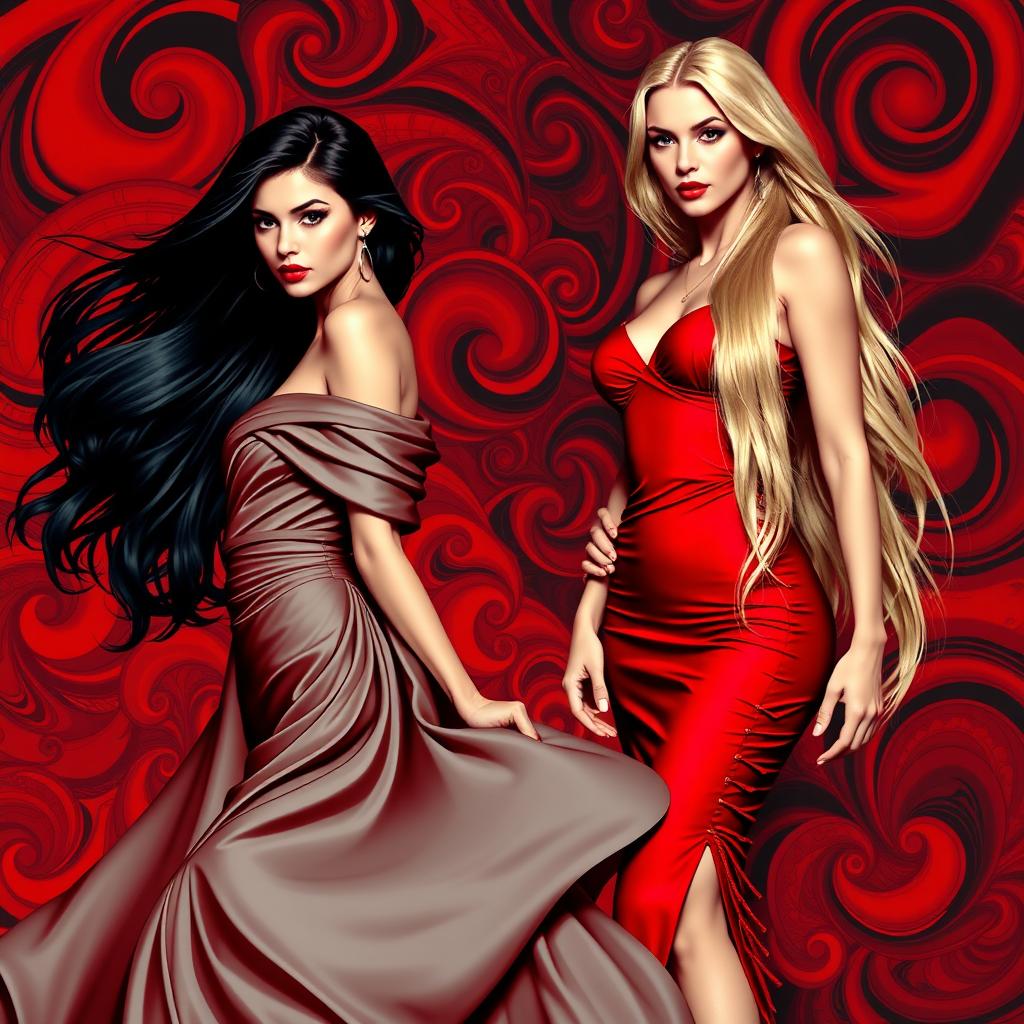 A captivating composition featuring two women in a striking color palette of red and black