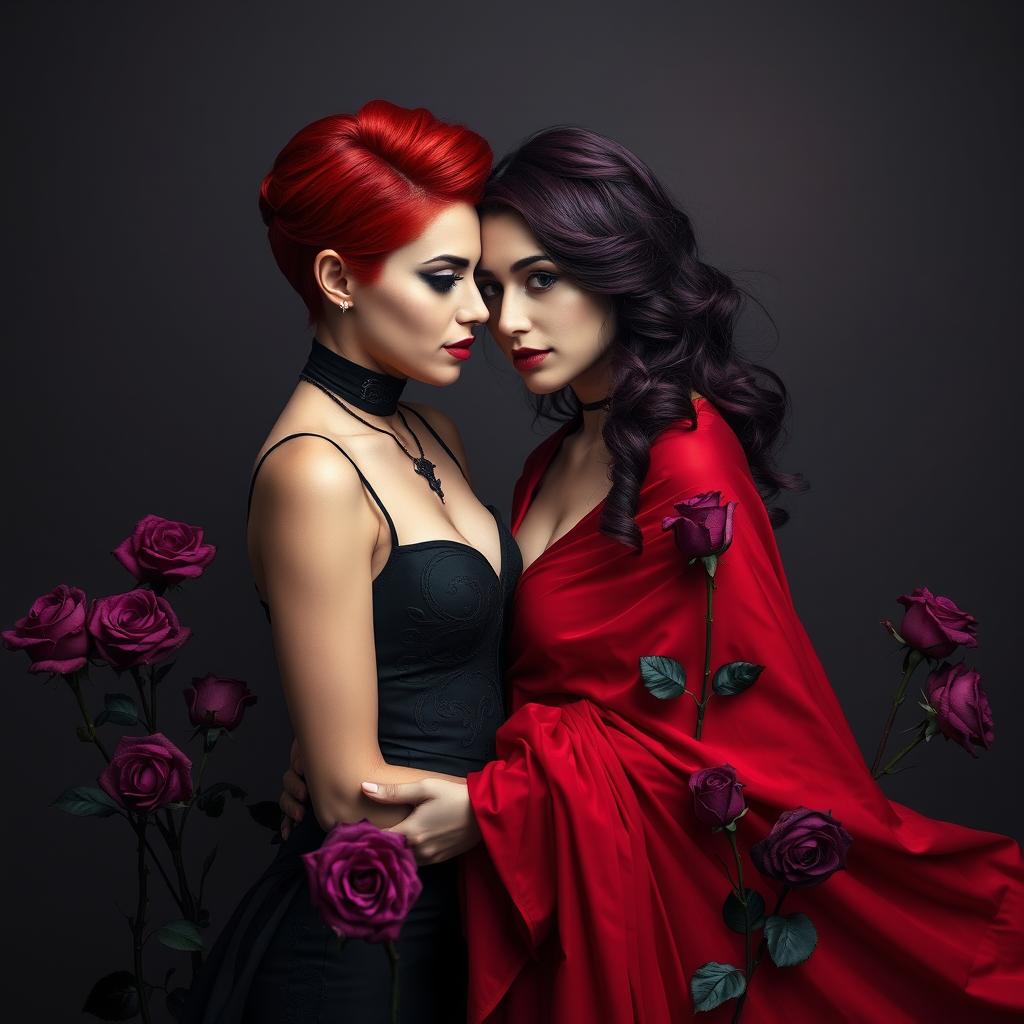 Two beautiful women, representing the LGBTQ community, standing close together in a passionate embrace