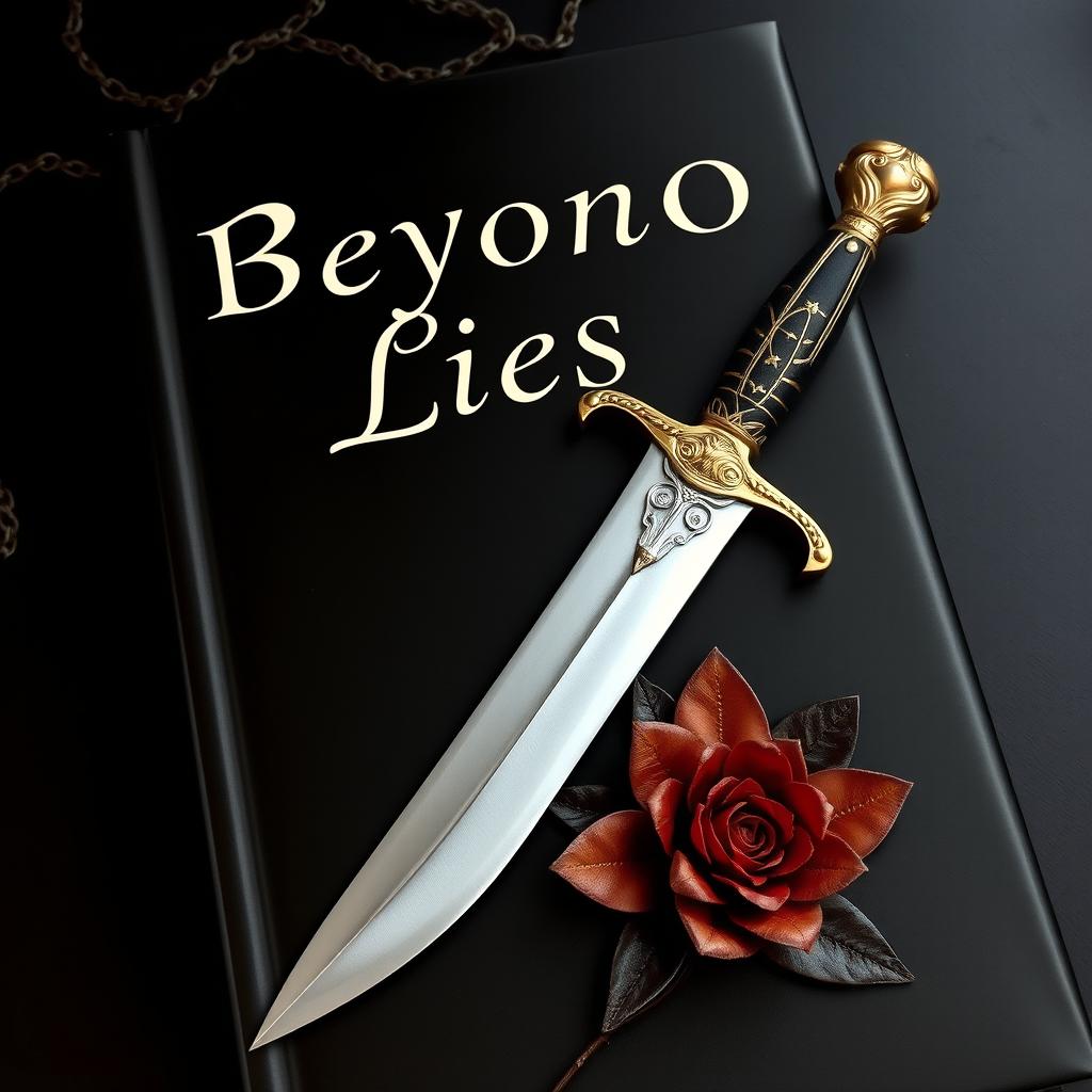 A captivating book cover design for 'Beyond Lies', featuring a rich black background adorned with subtle, abstract chain-like shapes that add texture and mystery