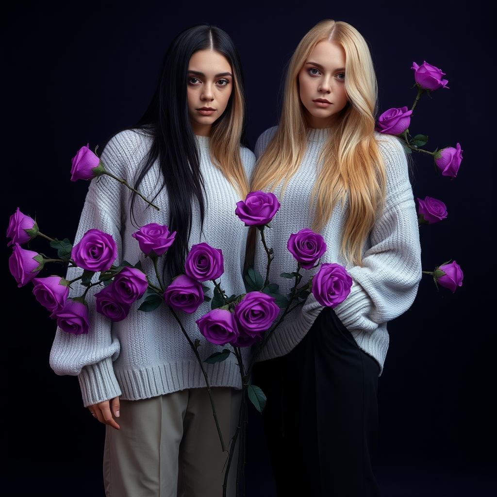Two LGBT women, one with long black hair and the other with long blonde hair, standing together