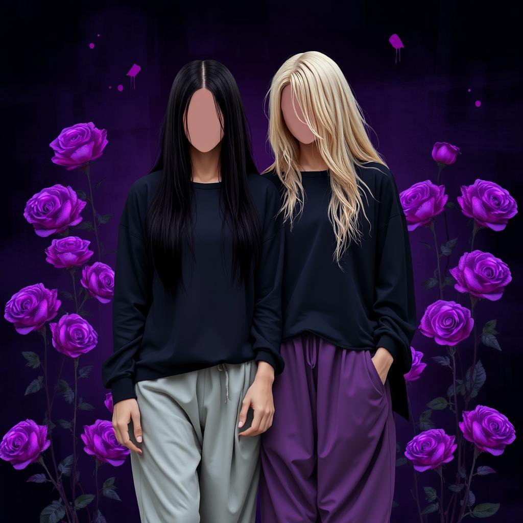Two LGBT women, one with long black hair and the other with long blonde hair, dressed in loose-fitting clothing, wearing oversized tops and baggy pants, not showing their faces