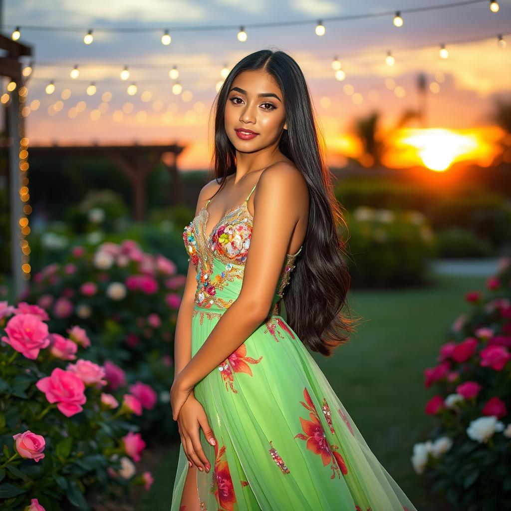 A stunning Latina teenage girl wearing an elegant evening dress, standing in a beautiful outdoor garden during sunset