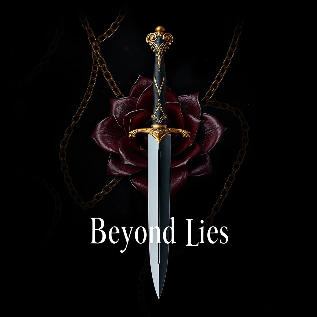 An enchanting book cover design for 'Beyond Lies', featuring a deep black background that exudes an aura of mystery and allure