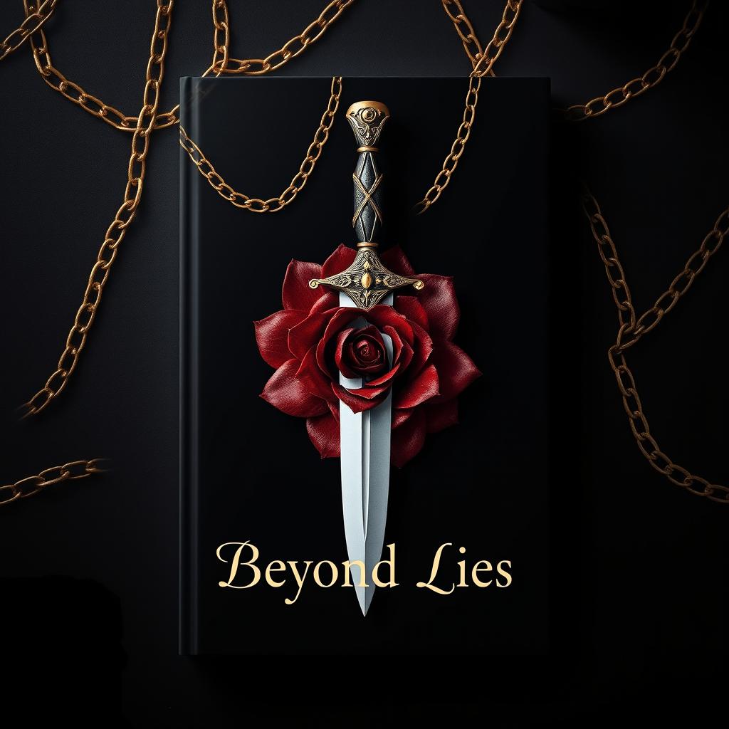A captivating book cover design for 'Beyond Lies', featuring a deep black background that radiates an aura of mystery