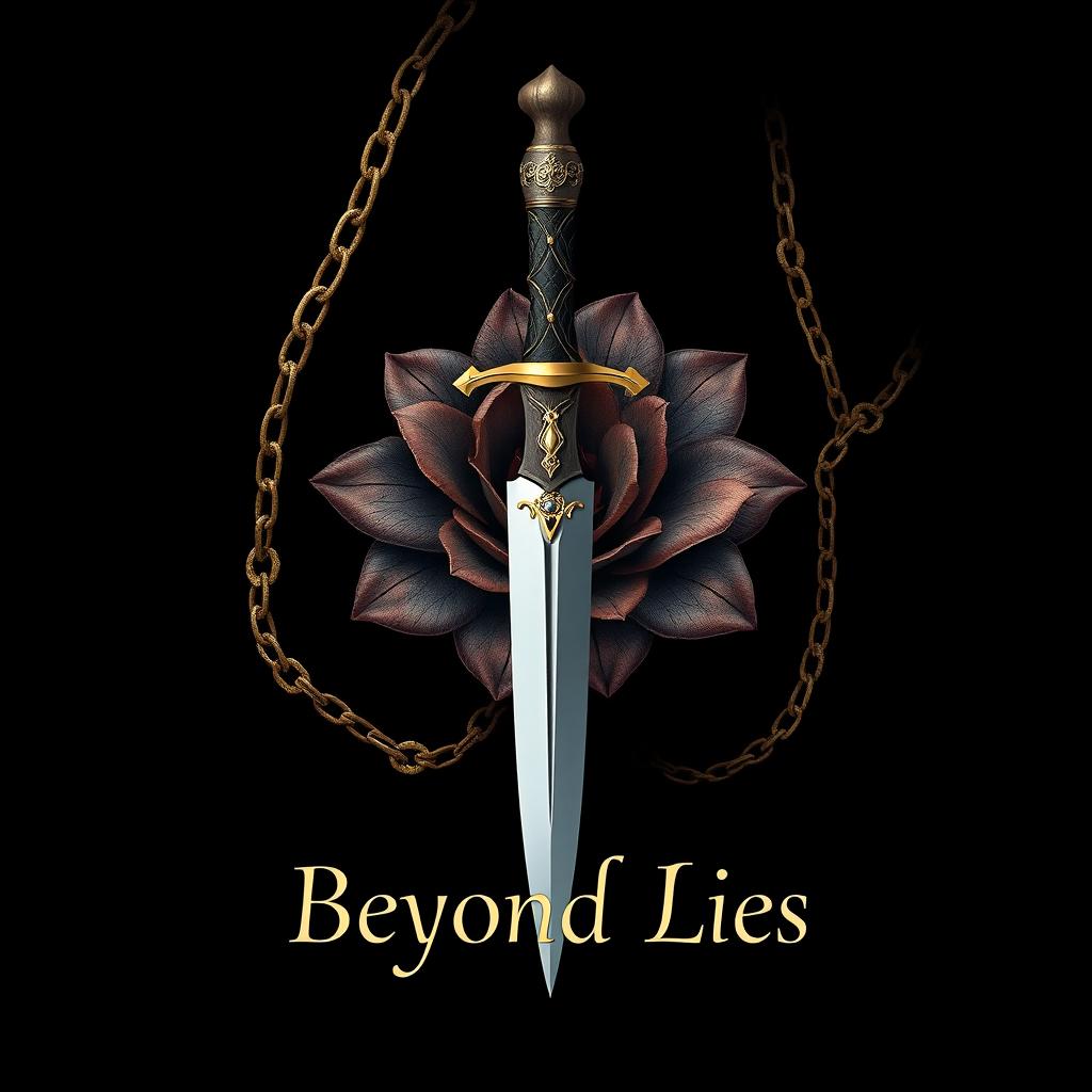 A mesmerizing book cover design for 'Beyond Lies', set against a deep black background that evokes intrigue and enchantment