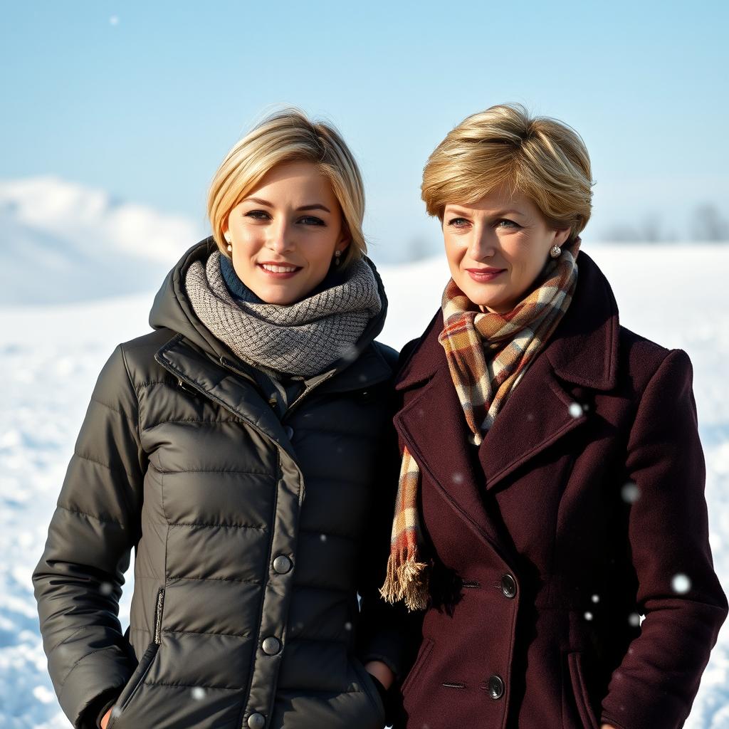 A tall, attractive young woman with short blonde hair, bundled up in stylish professional winter gear, standing next to a middle-aged woman resembling Princess Diana from 1997