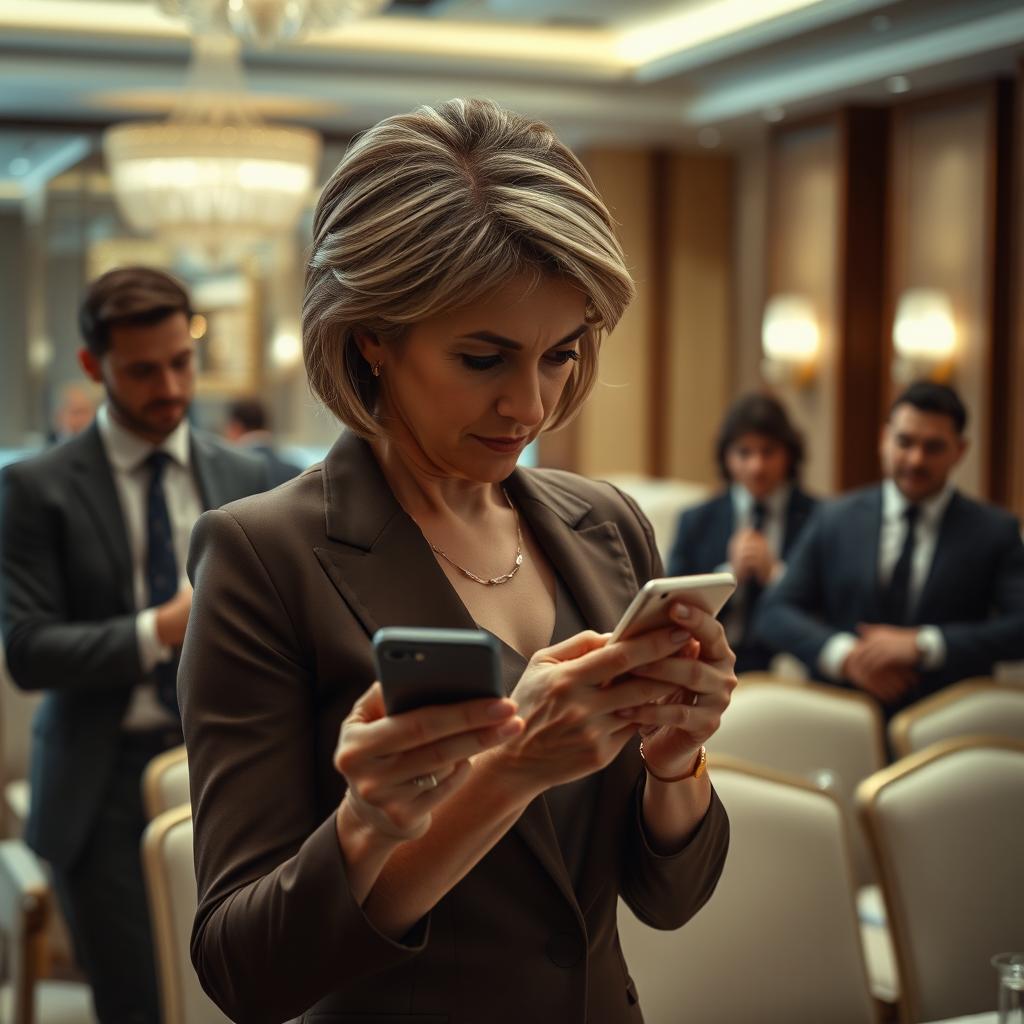 A dramatic scene depicting a middle-aged woman in a conference environment, wearing a sleek business outfit