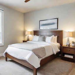 A cozy, modern bedroom featuring a queen-sized bed with soft linens, a wooden nightstand with a stylish lamp, wall-mounted artworks, and a sleek flat-screen TV mounted on the wall opposite the bed.