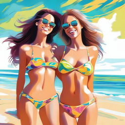 A high-quality digital art piece showcasing two women, both in stylish bikinis, enjoying a sun-soaked day at the beach