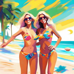 A high-quality digital art piece showcasing two women, both in stylish bikinis, enjoying a sun-soaked day at the beach