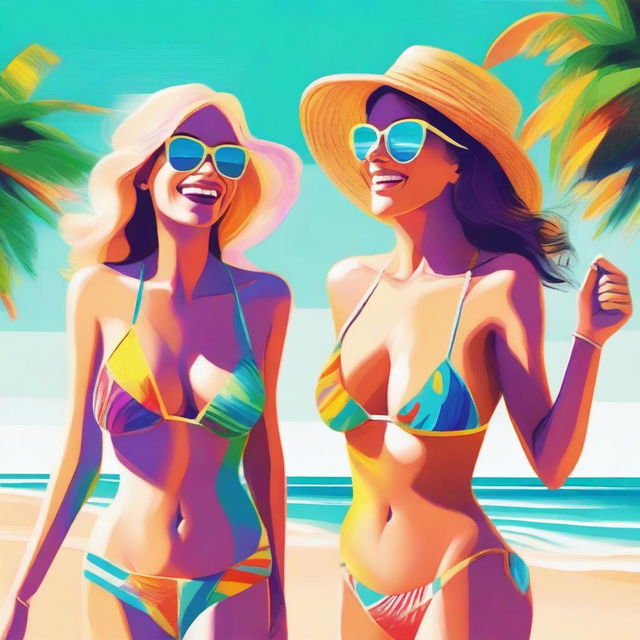 A high-quality digital art piece showcasing two women, both in stylish bikinis, enjoying a sun-soaked day at the beach