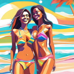 A high-quality digital art piece showcasing two women, both in stylish bikinis, enjoying a sun-soaked day at the beach