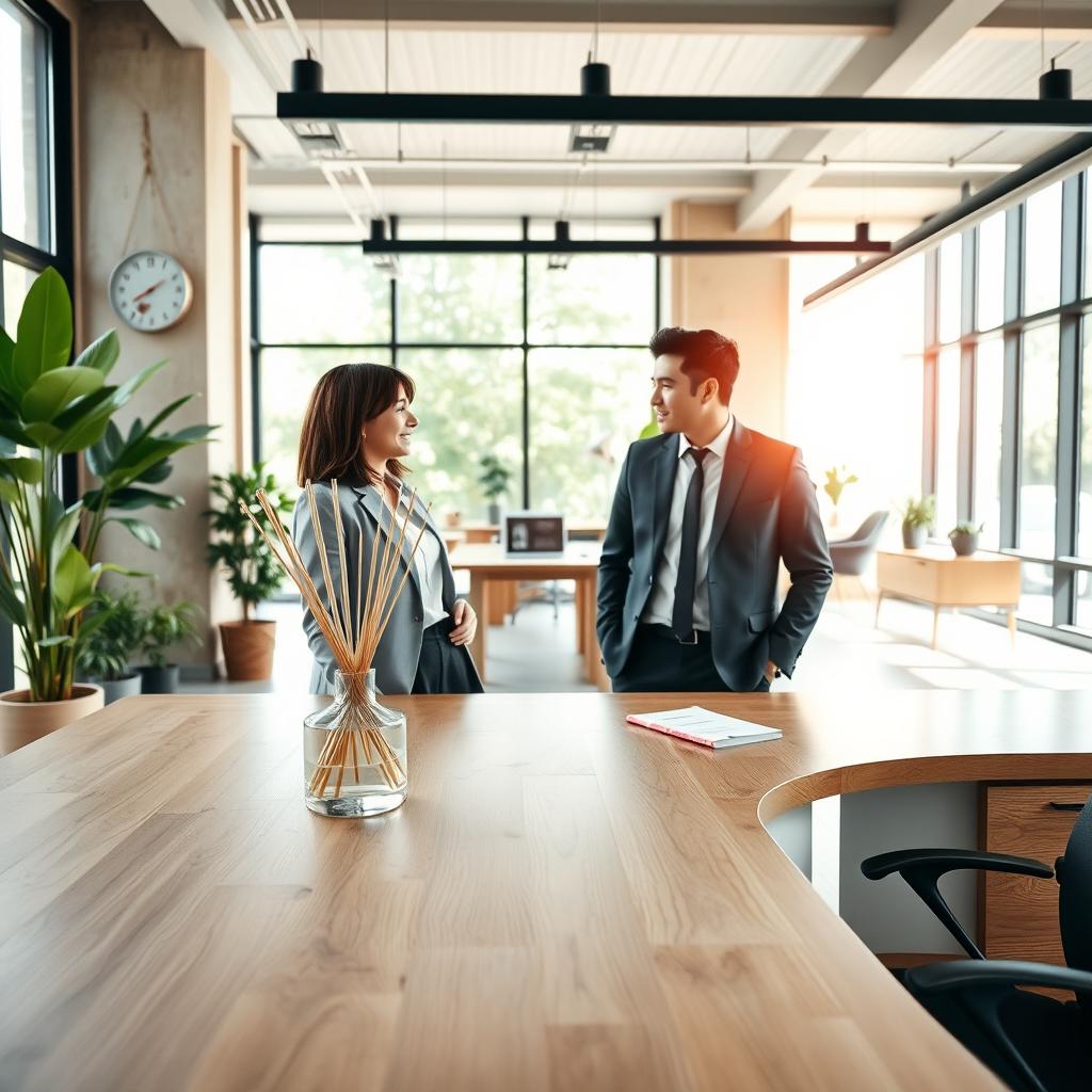 A spacious and bright office environment featuring a large wooden desk adorned with a stylish reed diffuser