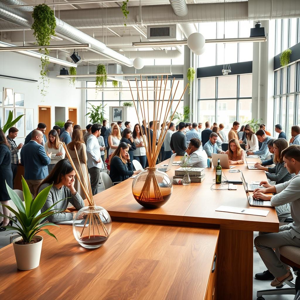 A spacious and lively office environment showcasing a large wooden desk that features an elegant reed diffuser