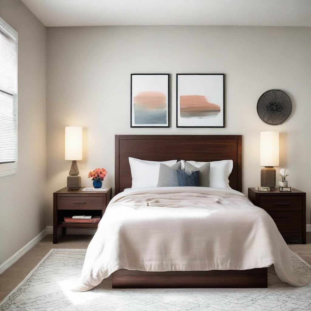 A cozy, modern bedroom featuring a queen-sized bed with soft linens, a wooden nightstand with a stylish lamp, wall-mounted artworks, and a sleek flat-screen TV mounted on the wall opposite the bed.