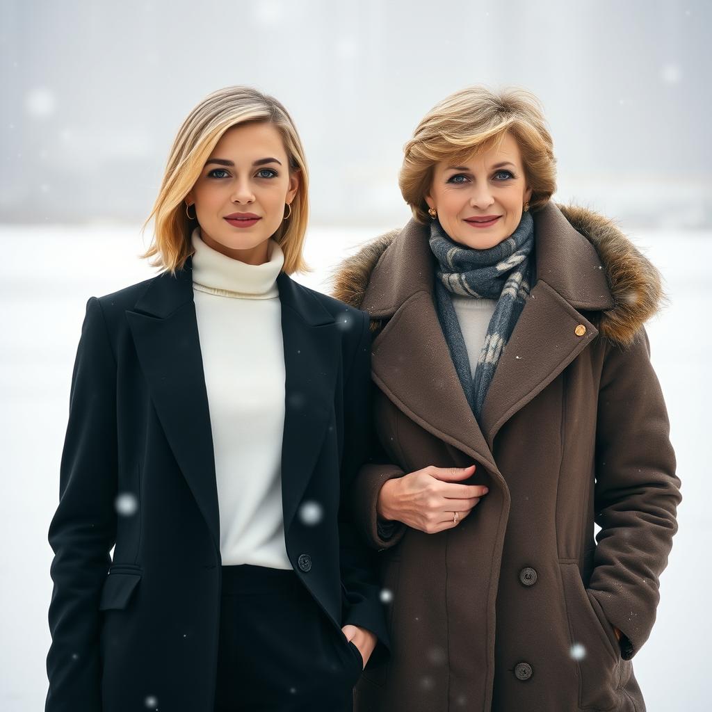 A pretty tall young woman with shoulder-length styled blonde hair, wearing a stylish professional coat over a black blazer and a white turtleneck, paired with black pants