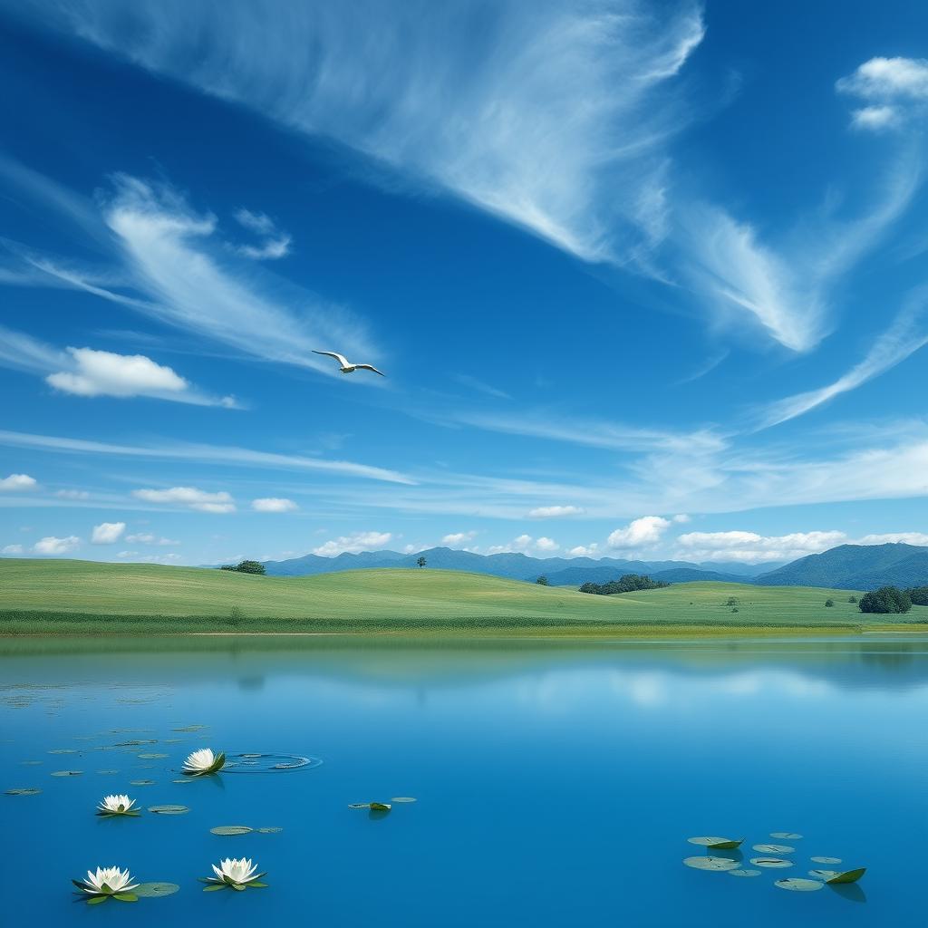 A serene and tranquil landscape featuring a vast sky of deep cerulean blue, scattered wispy white clouds, and a gentle rolling meadow below