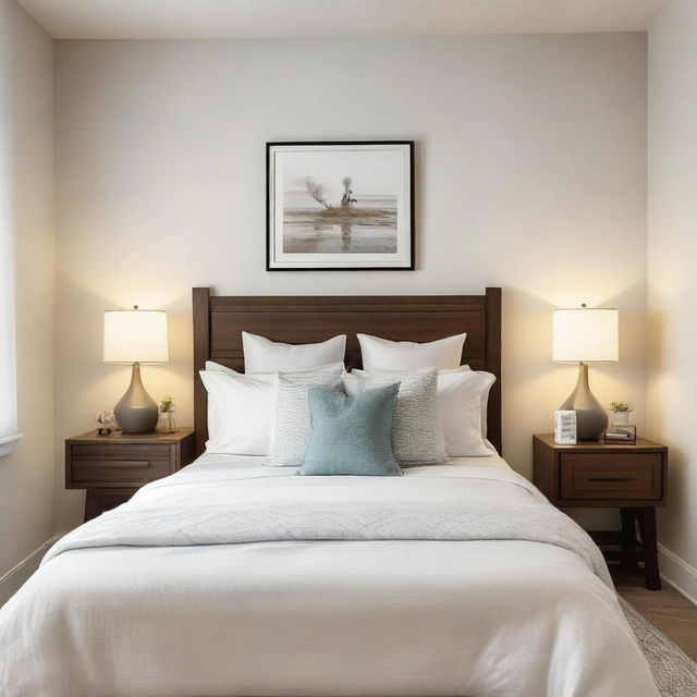 A cozy, modern bedroom featuring a queen-sized bed with soft linens, a wooden nightstand with a stylish lamp, wall-mounted artworks, and a sleek flat-screen TV mounted on the wall opposite the bed.