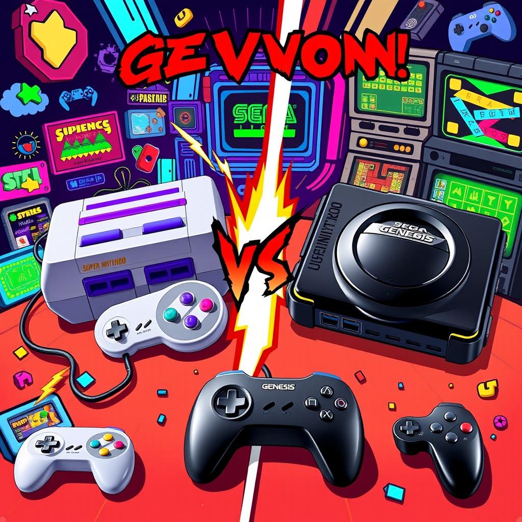 An epic showdown between two iconic gaming consoles: a Super Nintendo and a Sega Genesis, each presented in a bold and dynamic way