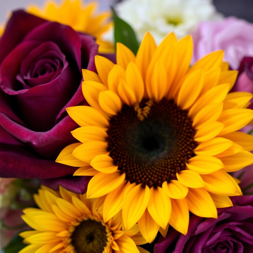 A beautiful arrangement of a dark violet rose and a vibrant sunflower, intertwined with a heart shape in the center