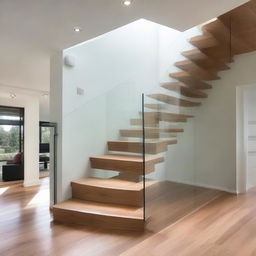 A contemporary staircase design, featuring oak steps, complimented by a transparent glass railing supported by sleek steel posts, bathed under skylight.