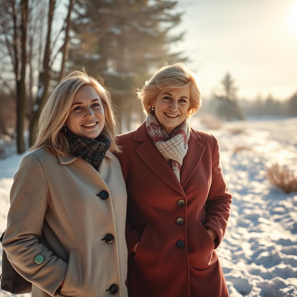 A tall young woman with shoulder-length styled blonde hair, wearing fashionable winter clothing suitable for early March