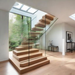 A contemporary staircase design, featuring oak steps, complimented by a transparent glass railing supported by sleek steel posts, bathed under skylight.