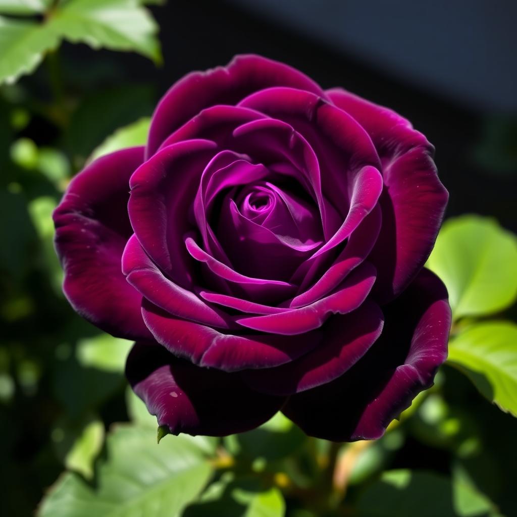 A beautiful dark violet rose, showcasing its lush petals unfurling in full bloom, surrounded by vibrant green leaves