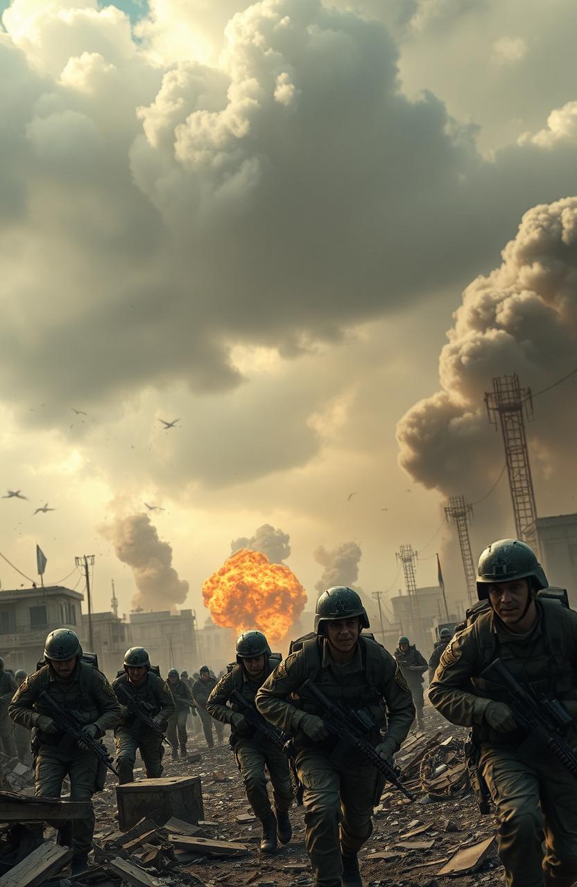 An intense scene depicting the chaos and emotion of war, featuring soldiers in combat gear navigating through a war-torn city