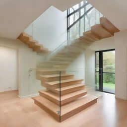 A contemporary staircase design, featuring oak steps, complimented by a transparent glass railing supported by sleek steel posts, bathed under skylight.