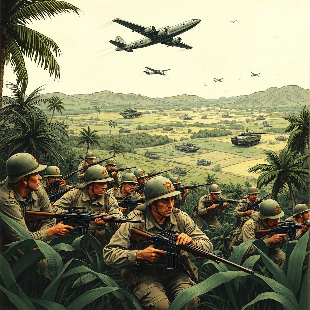 A historical illustration representing the war between Honduras and El Salvador in 1969, inspired by the book titled 'Maldita Guerra'