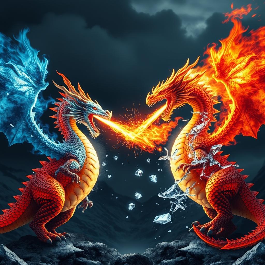 Two majestic dragons standing opposite each other, one fiery dragon with scales shimmering in shades of red, orange, and gold, mouth wide open, unleashing a powerful stream of bright, dazzling flames