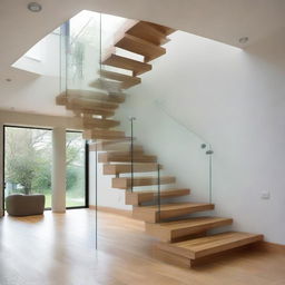 A contemporary staircase design, featuring oak steps, complimented by a transparent glass railing supported by sleek steel posts, bathed under skylight.