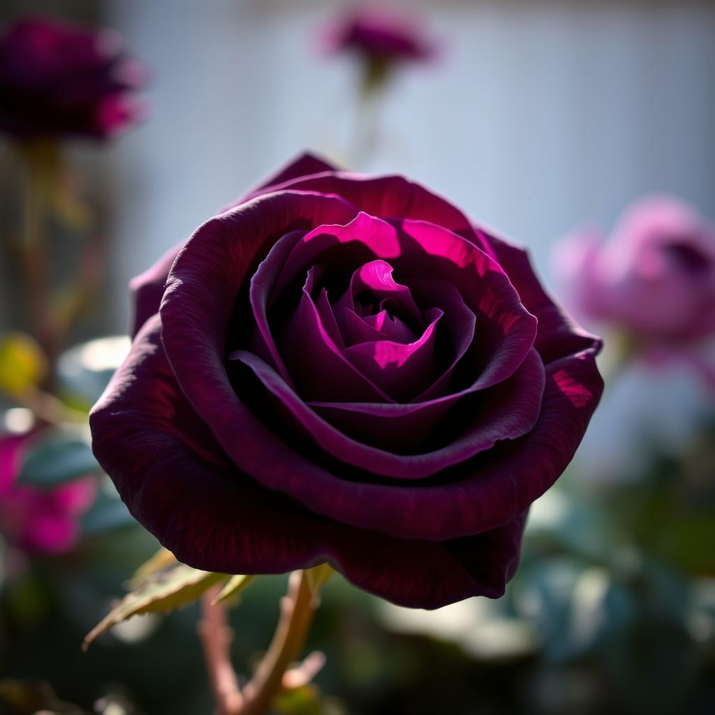 A beautiful close-up shot of a dark violet rose, with deep purple petals that have subtle pink highlights
