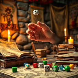 A hand throwing dice in a medieval setting, surrounded by parchment maps, ancient tomes, and a flickering candle light