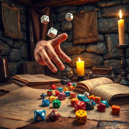 A hand throwing dice in a medieval setting, surrounded by parchment maps, ancient tomes, and a flickering candle light