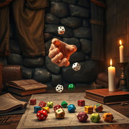 A hand throwing dice in a medieval setting, surrounded by parchment maps, ancient tomes, and a flickering candle light