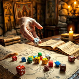 A hand throwing dice in a medieval setting, surrounded by parchment maps, ancient tomes, and a flickering candle light