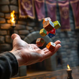 A close-up of a hand tossing a set of colorful polyhedral dice, with a medieval background featuring a stone wall, torches flickering, and banners hanging