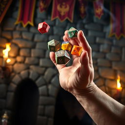 A close-up of a hand tossing a set of colorful polyhedral dice, with a medieval background featuring a stone wall, torches flickering, and banners hanging