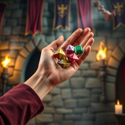 A close-up of a hand tossing a set of colorful polyhedral dice, with a medieval background featuring a stone wall, torches flickering, and banners hanging